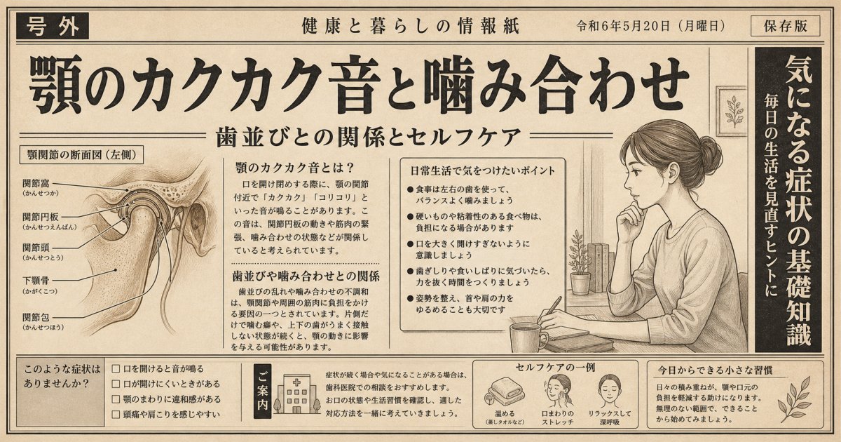 顎のカクカク音は歯並びが原因？噛み合わせとの関係とセルフケア